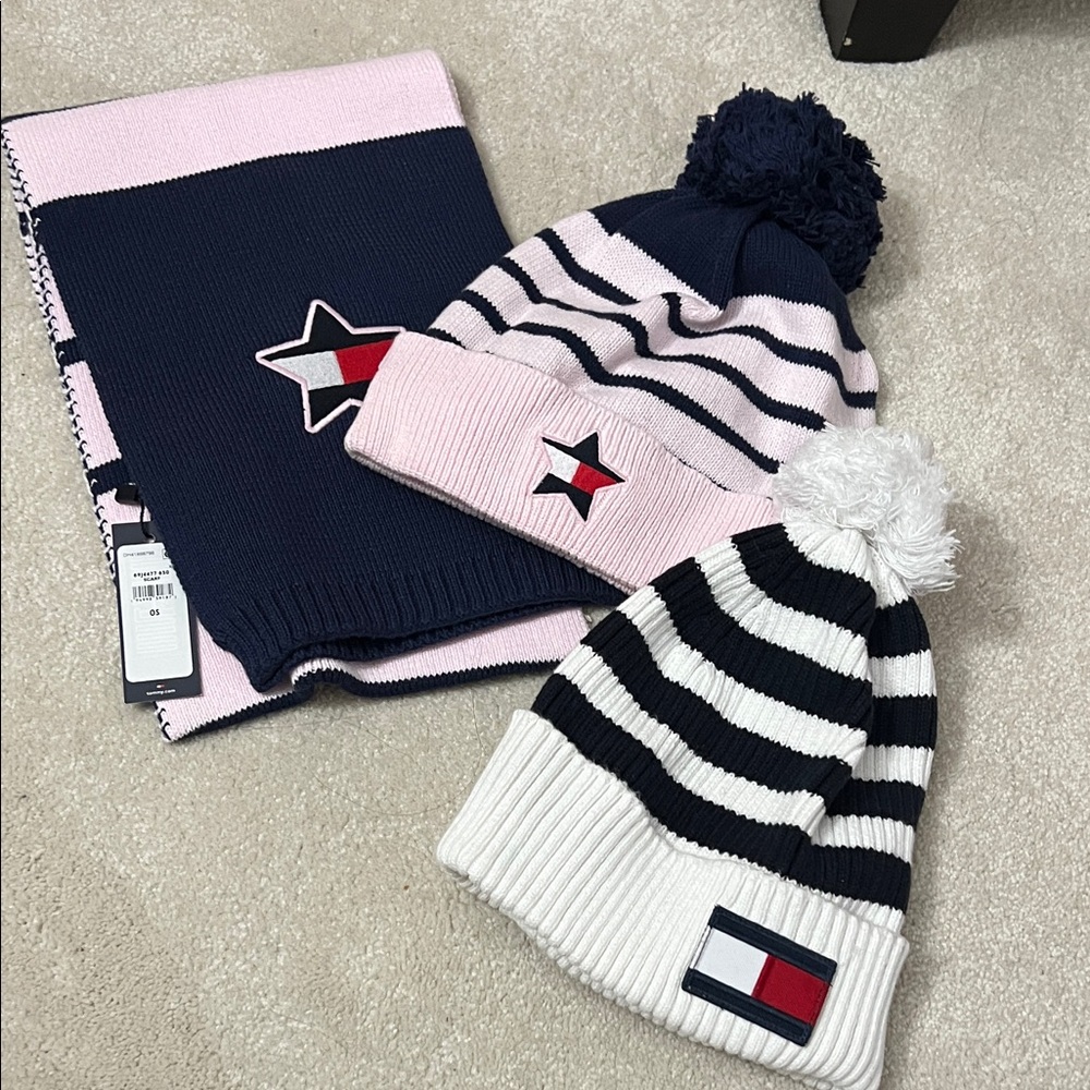 Kids Tommy Hilfiger Pink and Navy Striped Beanie and Scarf Set